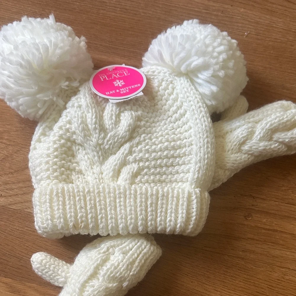 Place White Knit Hat and Mittens Set with Pom-Poms - Picture 2 of 3